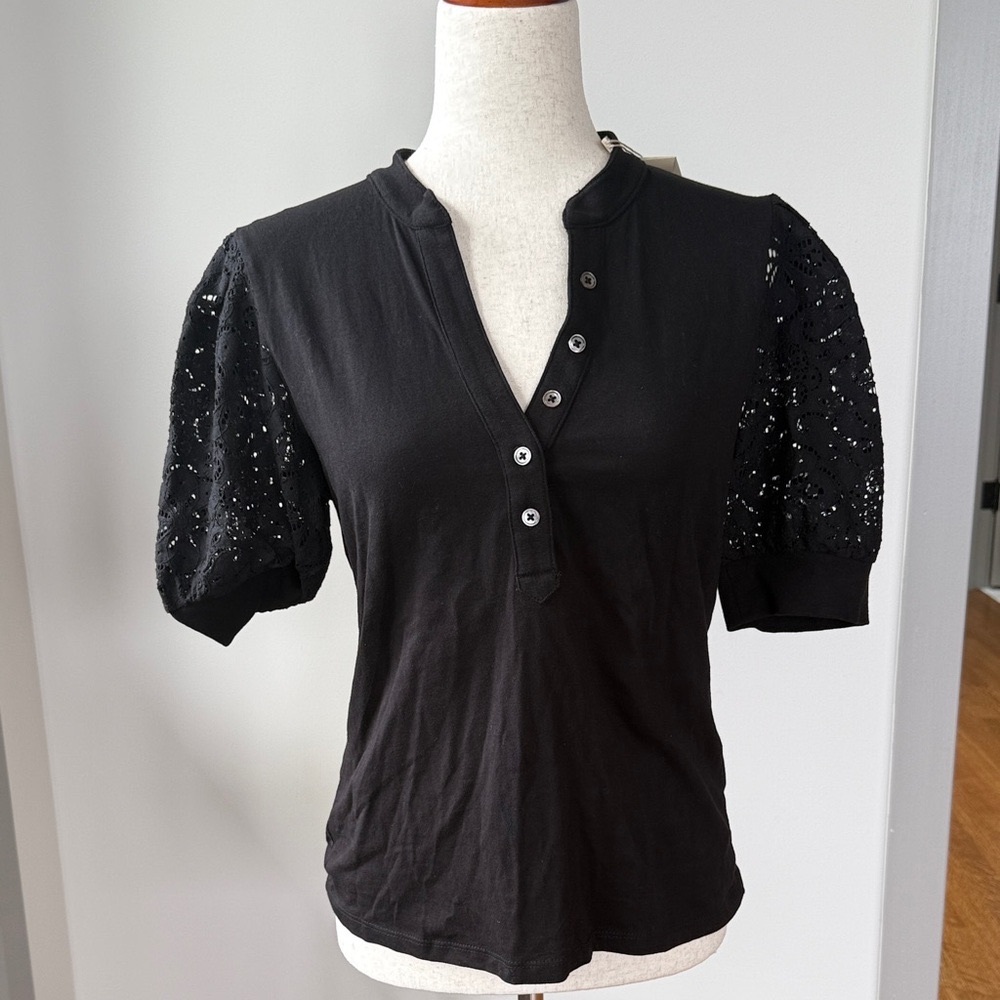 Elie Tahari Black Blouse with Lace Puff Sleeves